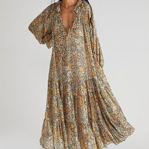NWT Free People Kaftan Feeling Groovy Maxi Dress Boho Pink Yellow Floral Medium